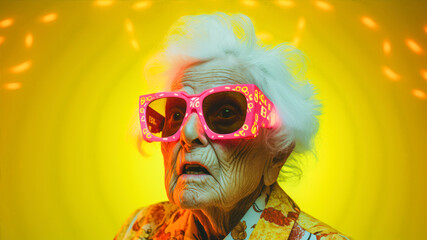 Portrait of an old woman in pink glasses. Yellow background.