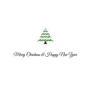 Greeting card Merry Christmas and New Year with green Christmas tree and handwriting on the white background