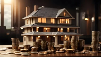 Fotobehang a carefully balanced stack of coins on the table exemplifies the strategic investment and disciplined saving needed to turn a miniature dream into the reality of property ownership ai generated © Parminder