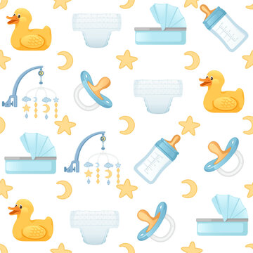 Seamless pattern of items for baby care carriage milk bottle and toys vector illustration on white background