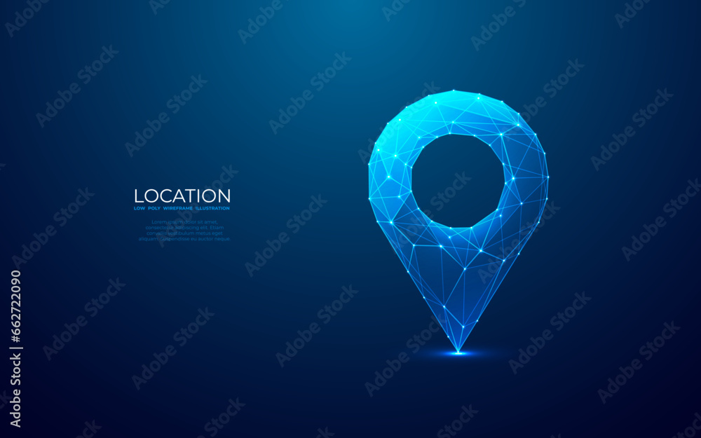 Poster abstract location pin. digital gps light icon. low poly wireframe vector illustration in futuristic 