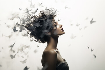 Fototapeta premium Woman portrait, where her flowing hair seamlessly transforms into a graceful flock of birds in flight, symbolizing a sense of liberation freedom. Ai generated