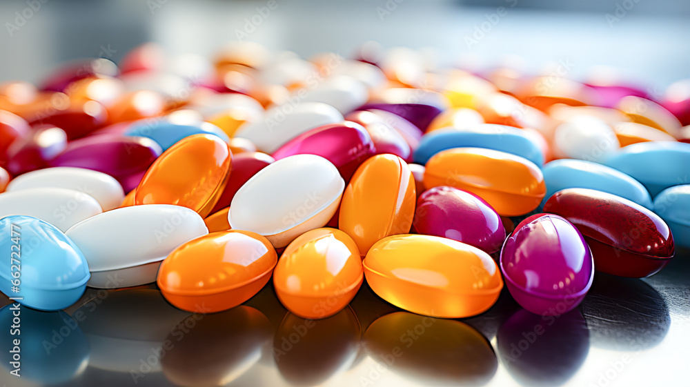 Wall mural Close up of colorful pills on reflective surface. Focus on foreground.