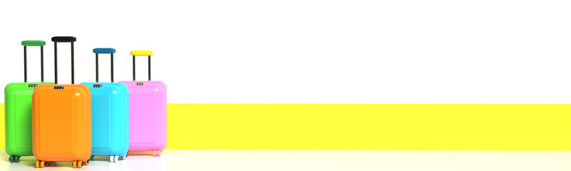 Background with travel suitcase and empty space for text. Optimistic 3D illustration of colorful suitcases. Narrow horizontal banner in light colors.