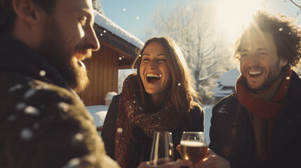 Group of friends having fun together on a winter day, drinking beer - obrazy, fototapety, plakaty