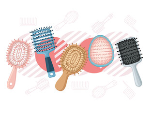 Colorful collection of different style hair brushes vector illustration on white background
