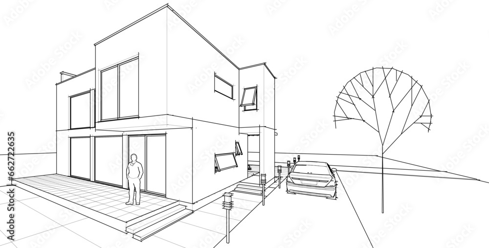 Wall mural house architectural sketch 3d illustration