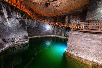 Inside of the historic salt mine in Wieliczka, Poland.