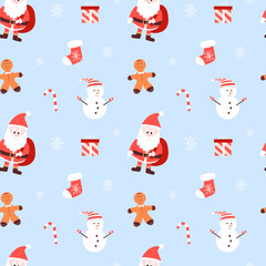 Cute Christmas seamless pattern with santa, gift, snowman, candy. Vector illustration for package, background, postcard
