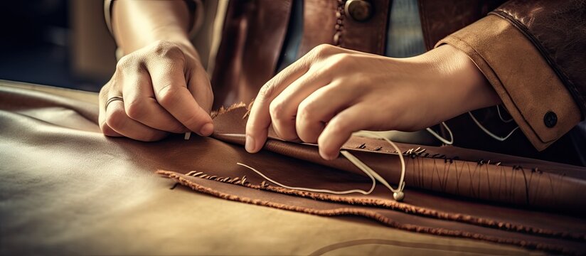 Close up of woman s hands stitching brown leather with needle With copyspace for text