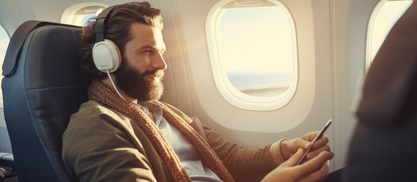 Entrepreneur watching video sitting by plane window with sun rays during business trip Hipster listening to music via cell phone With copyspace for text