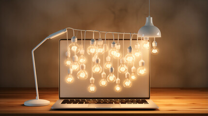 3d render of blank screen laptop surrounded with lights