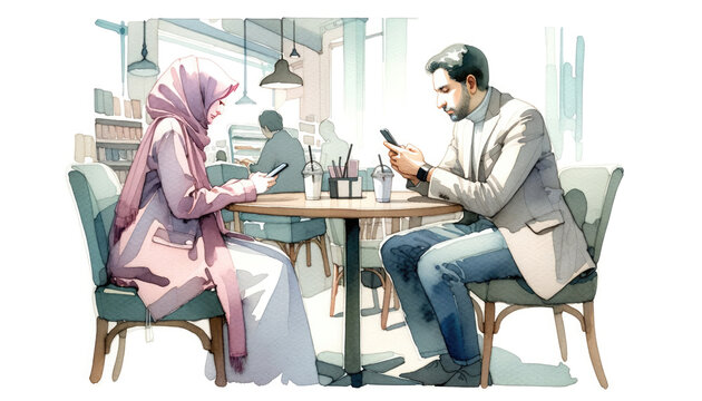 Two individuals, a young Middle Eastern female and a Caucasian male in his forties, sit at a table. Both are preoccupied with their phones, symbolizing the isolation of modern society.
