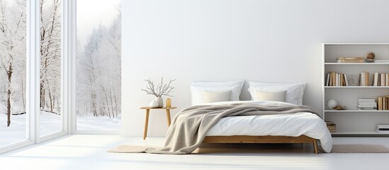 Minimalist white bedroom with bed shelves and white carpet With copyspace for text