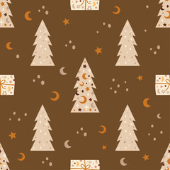 Boho Christmas Seamless pattern with Christmas trees. Merry Christmas pattern. Christmas background.