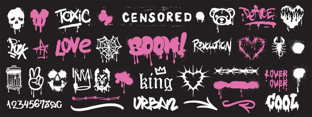 Street graffiti spray icon set, tattoo hip-hop fashion print, vector urban typography freehand kit. Splatter grunge effect sticker, gothic heart artwork silhouette, scorpion lettering. Street graffiti - obrazy, fototapety, plakaty