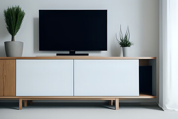 Cabinet for TV, Shelf in modern empty room, minimal design. Modern living room. 3d rendering