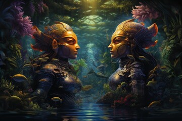 Fototapeta premium Elusive water elementals, appearing as shimmering aquatic beings - Generative AI