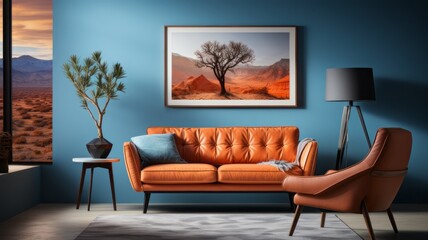 Terra Cotta Lounge Chair and Blue Sofa modern living room