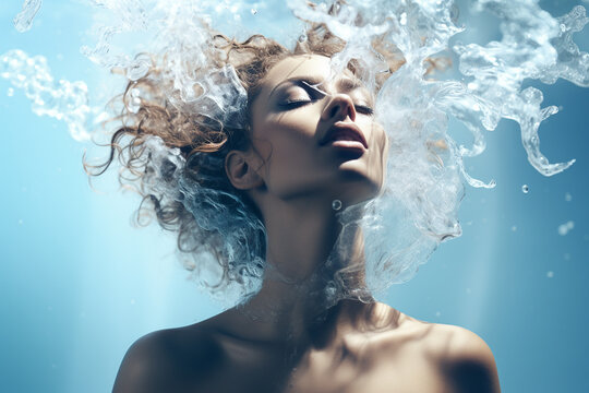 Woman whose flowing hair is adorned with cascading water splashes, creating a captivating and ethereal image. Ai generated