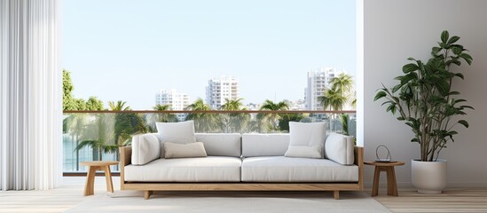 Contemporary living room with stylish furnishings light cushions on sofa balcony overlook with no occupants frontal panoramic perspective With copyspace for text