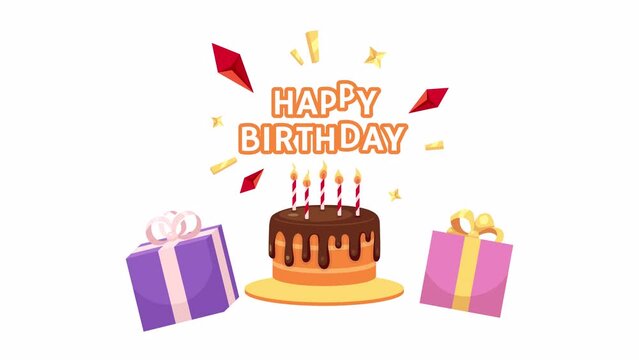 Happy birthday cartoon greeting card animation. Candles birthday cake 4K video motion graphic. Surprise party. Gifts presents colorful holiday postcard animated flat 2D ecard, white background