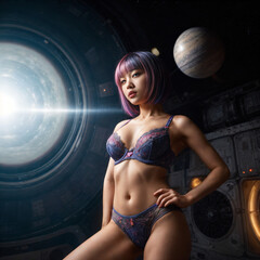 Piękne dziewczyny podróżujące statkiem kosmiczny w kosmosie. kobiety ubrane w bikini. W tle przyrządy stacji kosmicznej. - obrazy, fototapety, plakaty