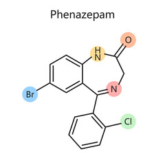 Chemical organic formula of phenazepam diagram schematic raster illustration. Medical science educational illustration