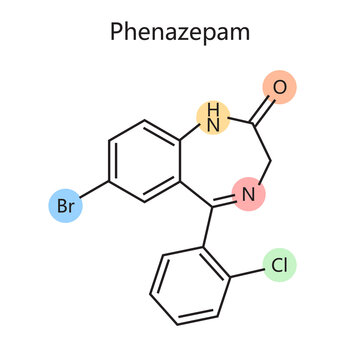 Chemical organic formula of phenazepam diagram schematic raster illustration. Medical science educational illustration