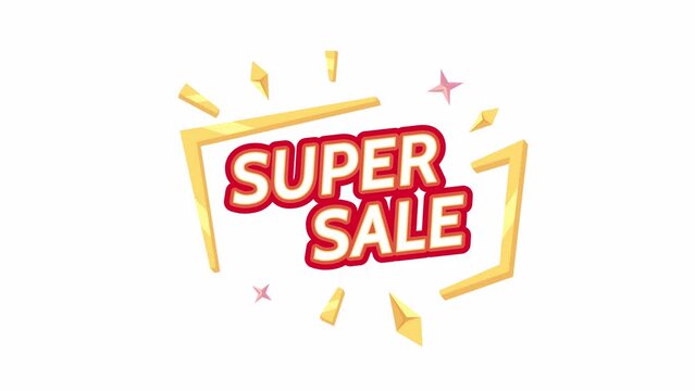 Super sale 2D promotional animation. Super saving 4K video motion graphic. Half price deal. Clearance sale black friday colorful animated cartoon advertising banner isolated on white background