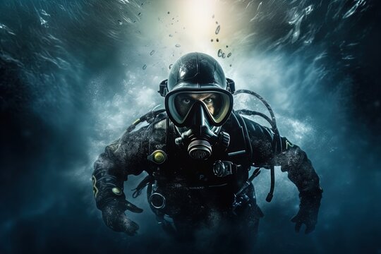 A scuba diver underwater. Spooky, mysterious and foggy scene. Great for action, adventure, marine and deep sea thriller, spy movie and more. 