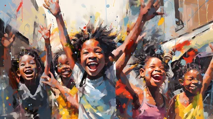 Schilderijen op glas happy children playing in the streets oil painting © Demencial Studies