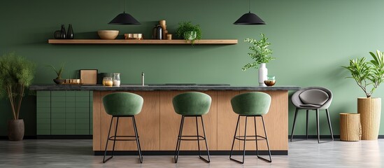 Green chair and sofa in versatile interior with bar stool and kitchen counter With copyspace for text