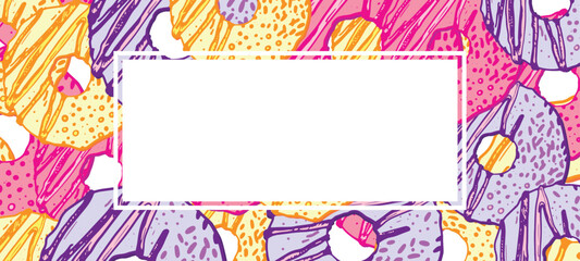 A set of pink donuts and sweet dripping icing. Frame, space for text. Poster for the design.