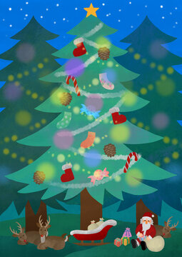 クリスマス,クリスマスツリー,冬,12月,サンタクロース,イラスト,サンタ,かわいい,イベント,ツリー,星,トナカイ,飾り,プレゼント,メリークリスマス,木,装飾,クリスマスイメージ,クリスマスカード,イルミネーション,オーナメント,もみの木,靴下,素材,橇,そり,赤鼻,夜,聖夜,休憩中,お菓子,松ぼっくり,青,森,配る,動物,乗り物,赤い服,ブーツ,光,輝く,色とりどり,飴,贈り物