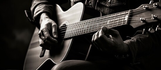 Close up of a man playing an acoustic guitar With copyspace for text