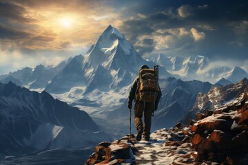 Mountain climber scaling a towering peak with a dramatic alpine landscape in the background, Generative AI
