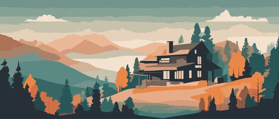 painting of a cabin in the mountains, vector, modernism, landscape illustration, shaded flat illustration, soothing and cozy landscape