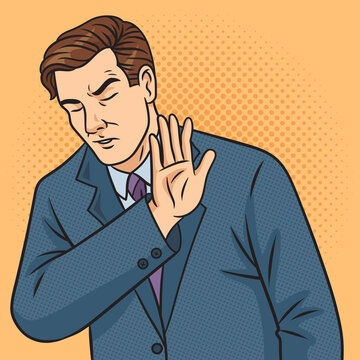 Man with dissatisfied refusal gesture businessman meme pinup pop art retro raster illustration. Comic book style imitation.