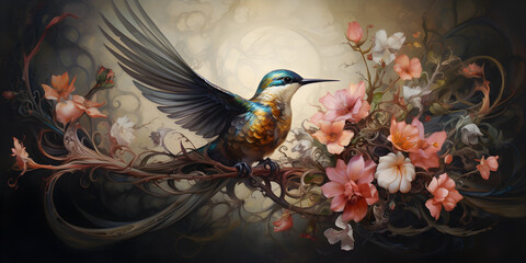 Bird illustration with open wings and floral ornament. Artwork in oil painting style. Cinematic light.