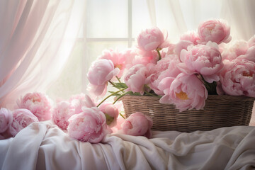 bouquet of pink peonies in a basket
