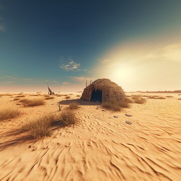 A realistic straw mud hut in the middle.. Generative AI.