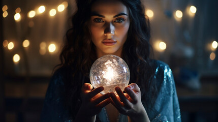 Naklejka premium Revelations in the Light: Fortune Teller's Enchanted Crystal Ball, Generative AI