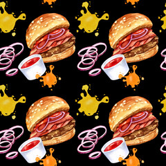 seamless pattern with fast food theme, burger, different splashes, slices of onion, tomatoes souse, watercolor hand drawn illustration isolated on black background