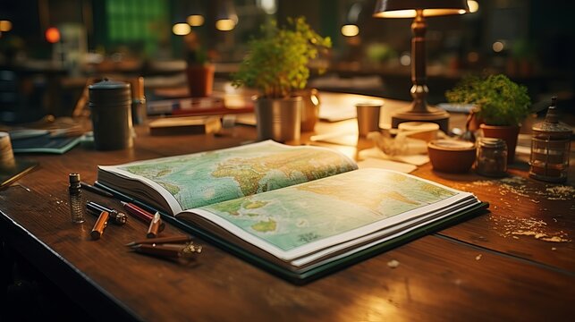 A school book with images on a desk school lesson photo. Generative AI.