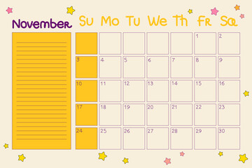 Calendar 2024 November. Retro planner with dates and notes in doodle style. Cartoon design in 70s, 80s hippie style. Vector illustration with editable stroke. Cute planner with stars