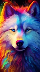 Naklejka premium Beautiful portrait hyper realistic husky with rainbow picture Ai generated art