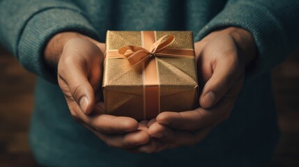 Hands holding a gift box. A box wrapped in gold paper and tied with a ribbon