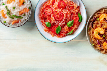 Konjac pasta and rice. An assortment of shirataki dishes, overhead flat lay shot with a place for text
