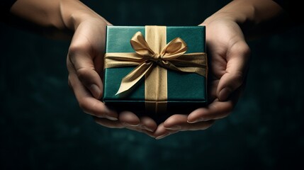 Hands holding a gift box. A box wrapped in green paper and tied with a gold ribbon - obrazy, fototapety, plakaty